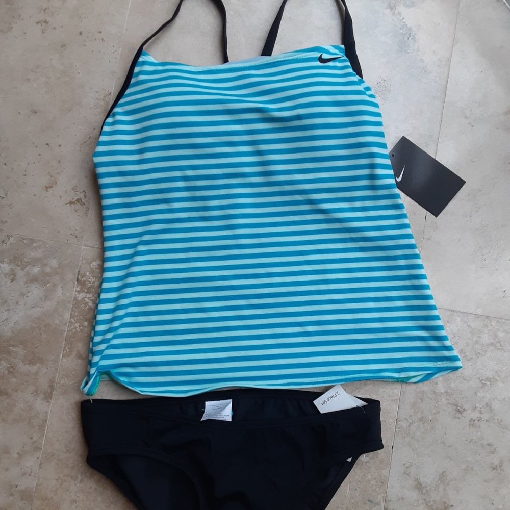 NIKE Laser Stripe Racerback Tankini Swimsuit Blue